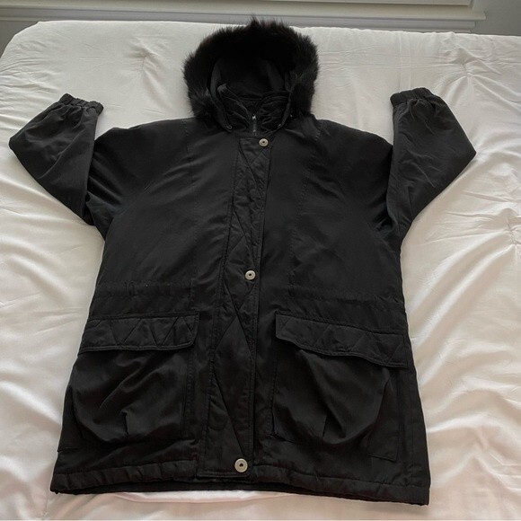 London Fog Black Parka Jacket Coat Fur Trim Removable Hood Zip Snap  M - Picture 3 of 16
